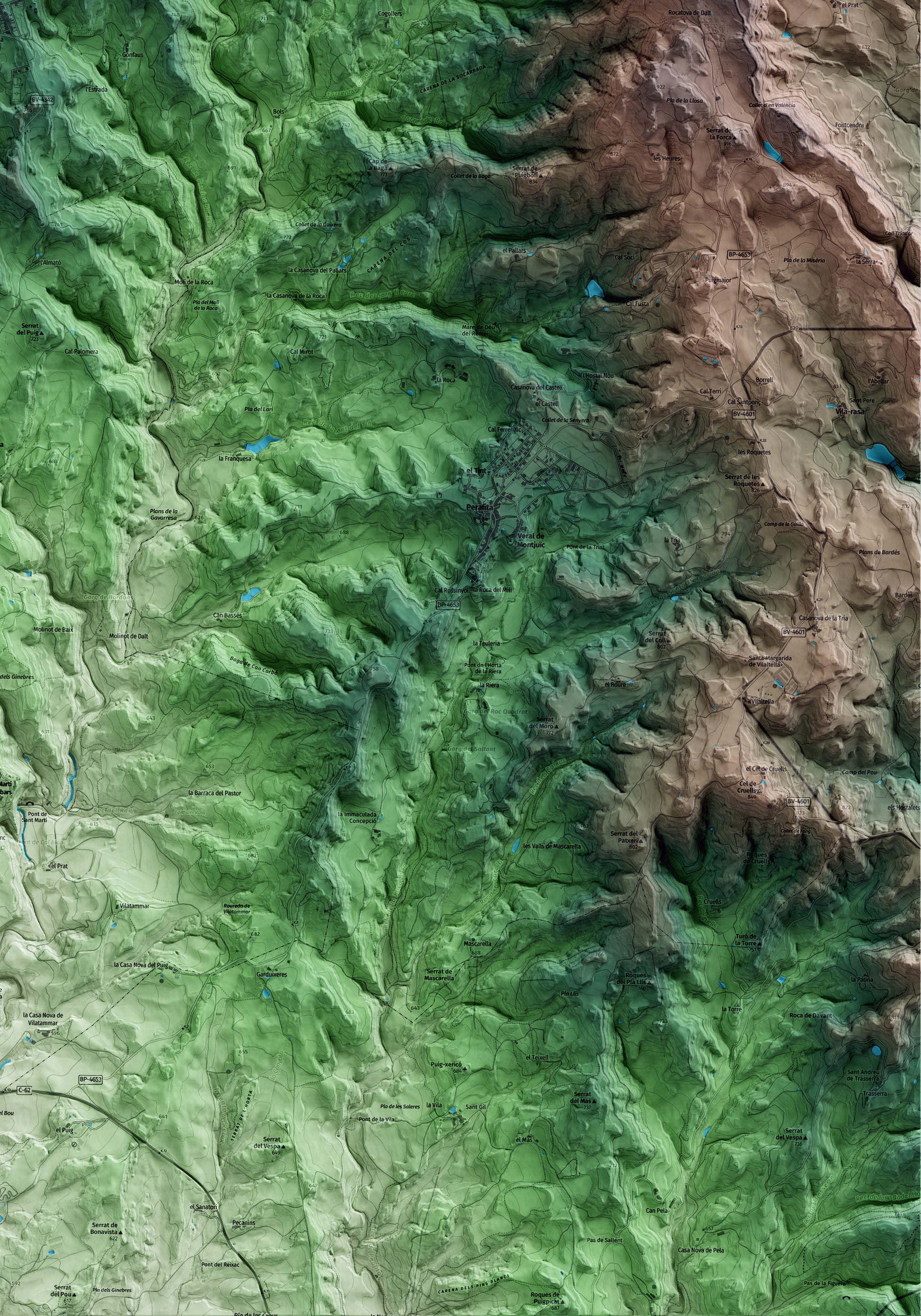 Mapa artístico del relieve de Lluçà, al Lluçanès, con 15 km de entorno y base topográfica ICGC. Detalle de la zona inferior derecha.