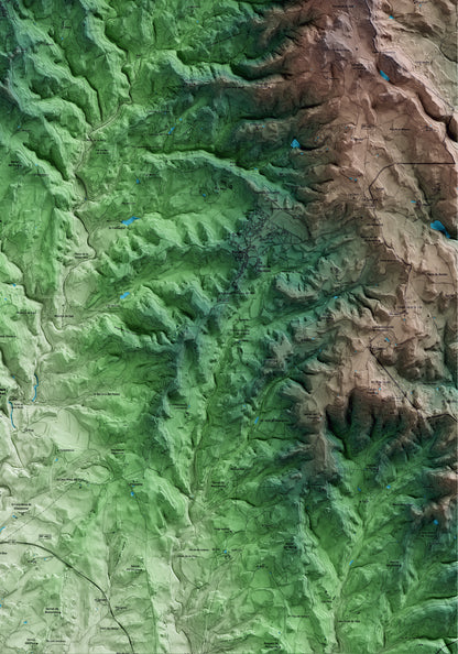 Mapa artístico del relieve de Lluçà, al Lluçanès, con 15 km de entorno y base topográfica ICGC. Detalle de la zona inferior derecha.