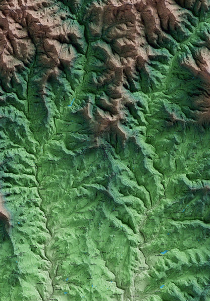 Mapa artístico del relieve de Lluçà, al Lluçanès, con 15 km de entorno y base topográfica ICGC. Detalle de la zona central.