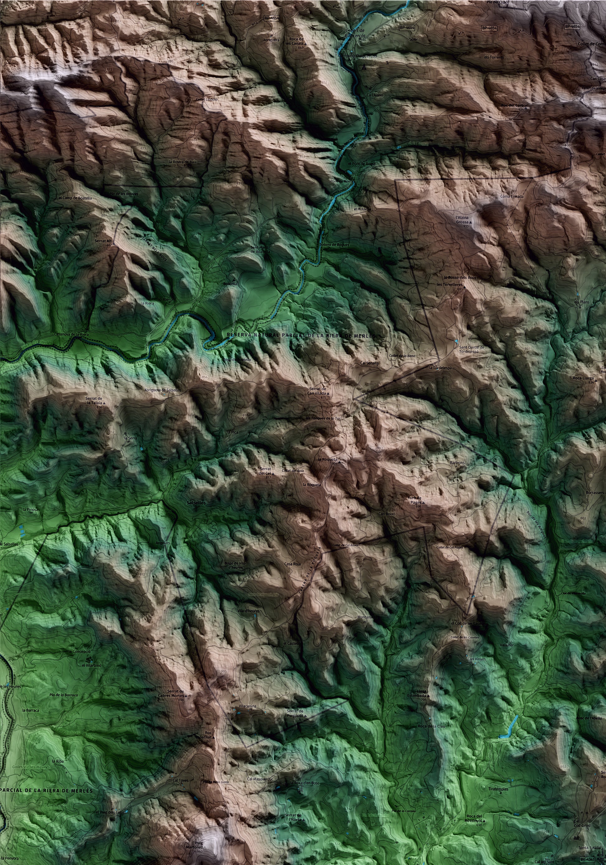 Mapa artístico del relieve de Lluçà, al Lluçanès, con 15 km de entorno y base topográfica ICGC. Detalle de la zona superior izquierda.