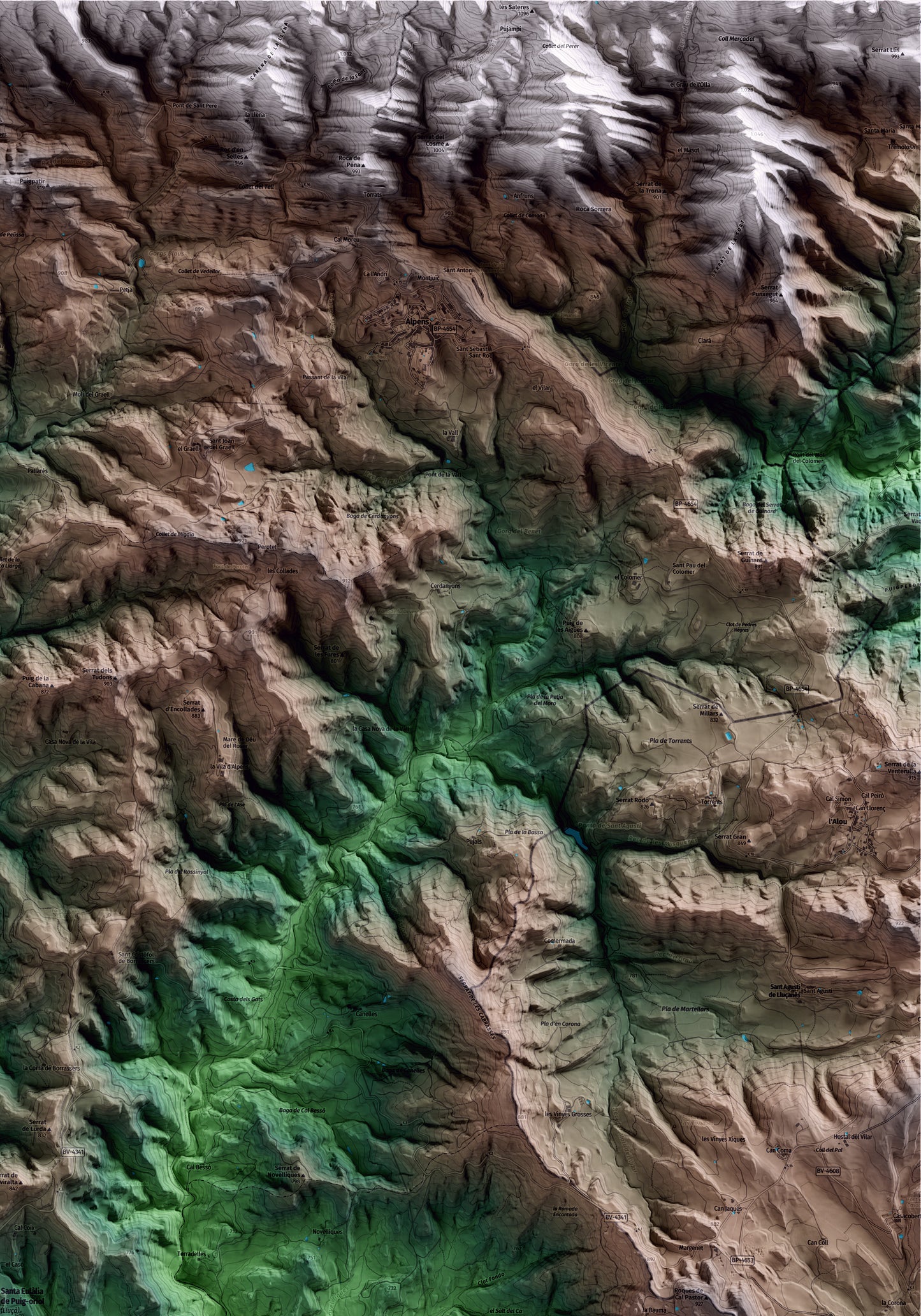 Mapa artístico del relieve de Lluçà, al Lluçanès, con 15 km de entorno y base topográfica ICGC. Detalle de la zona superior derecha.