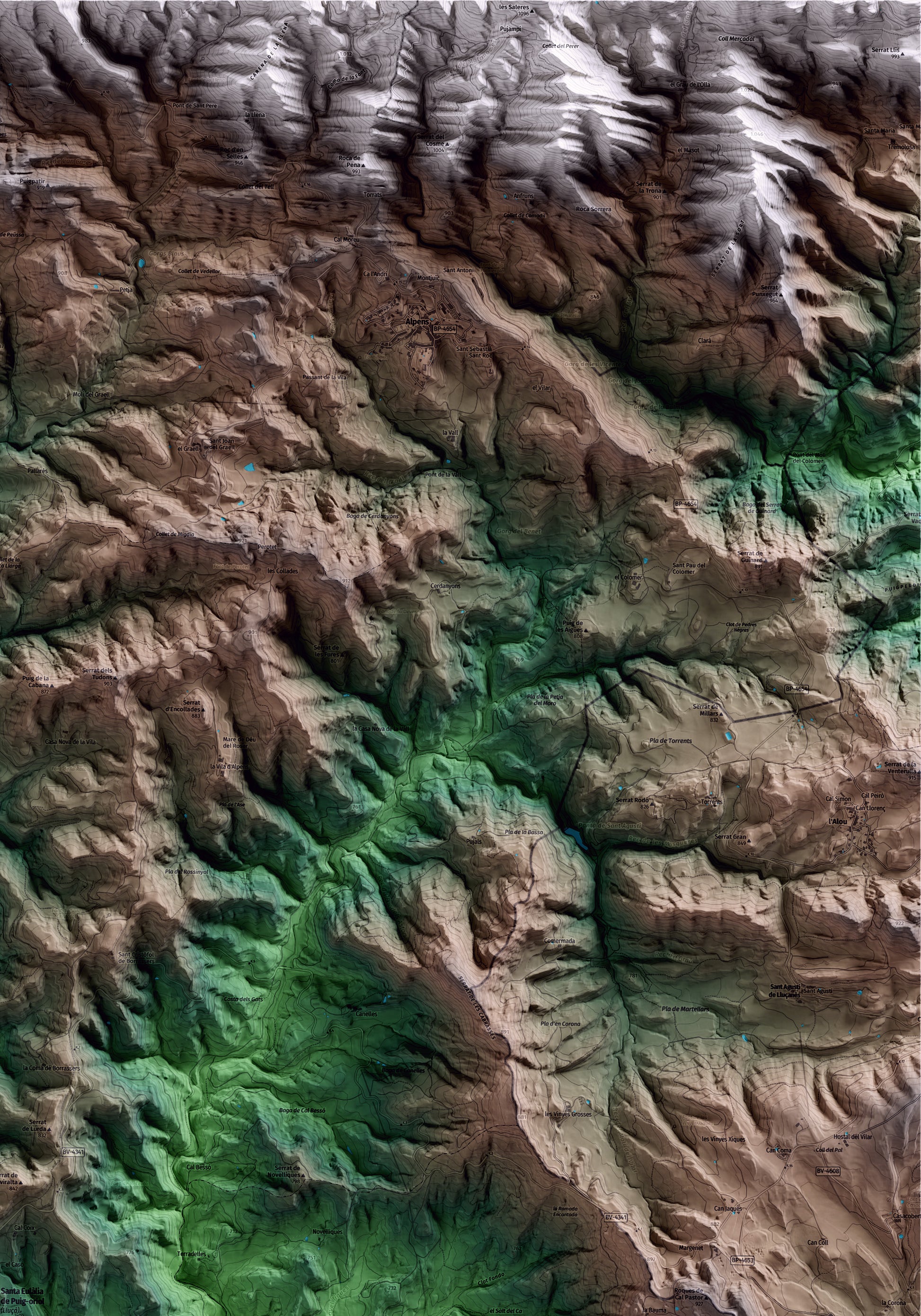 Mapa artístico del relieve de Lluçà, al Lluçanès, con 15 km de entorno y base topográfica ICGC. Detalle de la zona superior derecha.