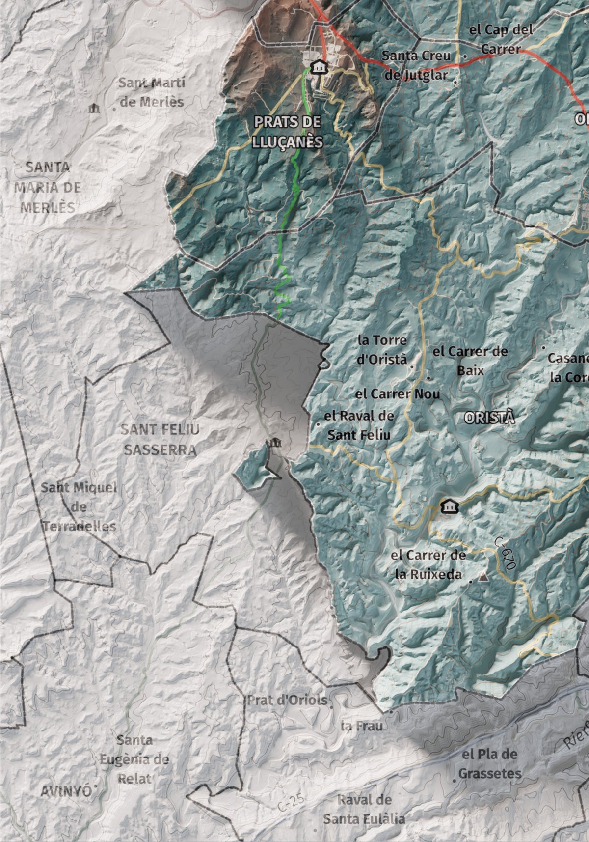 Mapa de relleu del Lluçanès, amb el territori en color i l’entorn en blanc. Detall de la part inferior esquerra. 21 × 30 cm. Estil Blau i taronja.