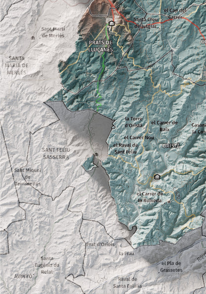 Mapa de relleu del Lluçanès, amb el territori en color i l’entorn en blanc. Detall de la part inferior esquerra. 21 × 30 cm. Estil Blau i taronja.