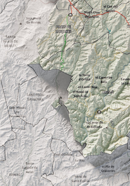 Mapa de relleu del Lluçanès, amb el territori en color i l’entorn en blanc. Detall de la part inferior esquerra. 21 × 30 cm. Estil Cartogràfic.