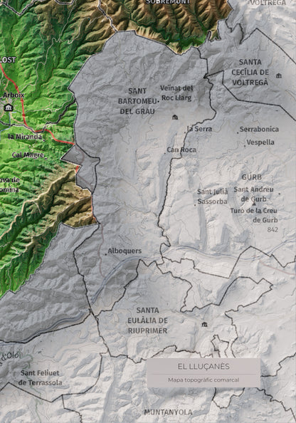 Mapa de relleu del Lluçanès, amb el territori en color i l’entorn en blanc. Detall de la part inferior dreta. 21 × 30 cm. Estil Clàssic.