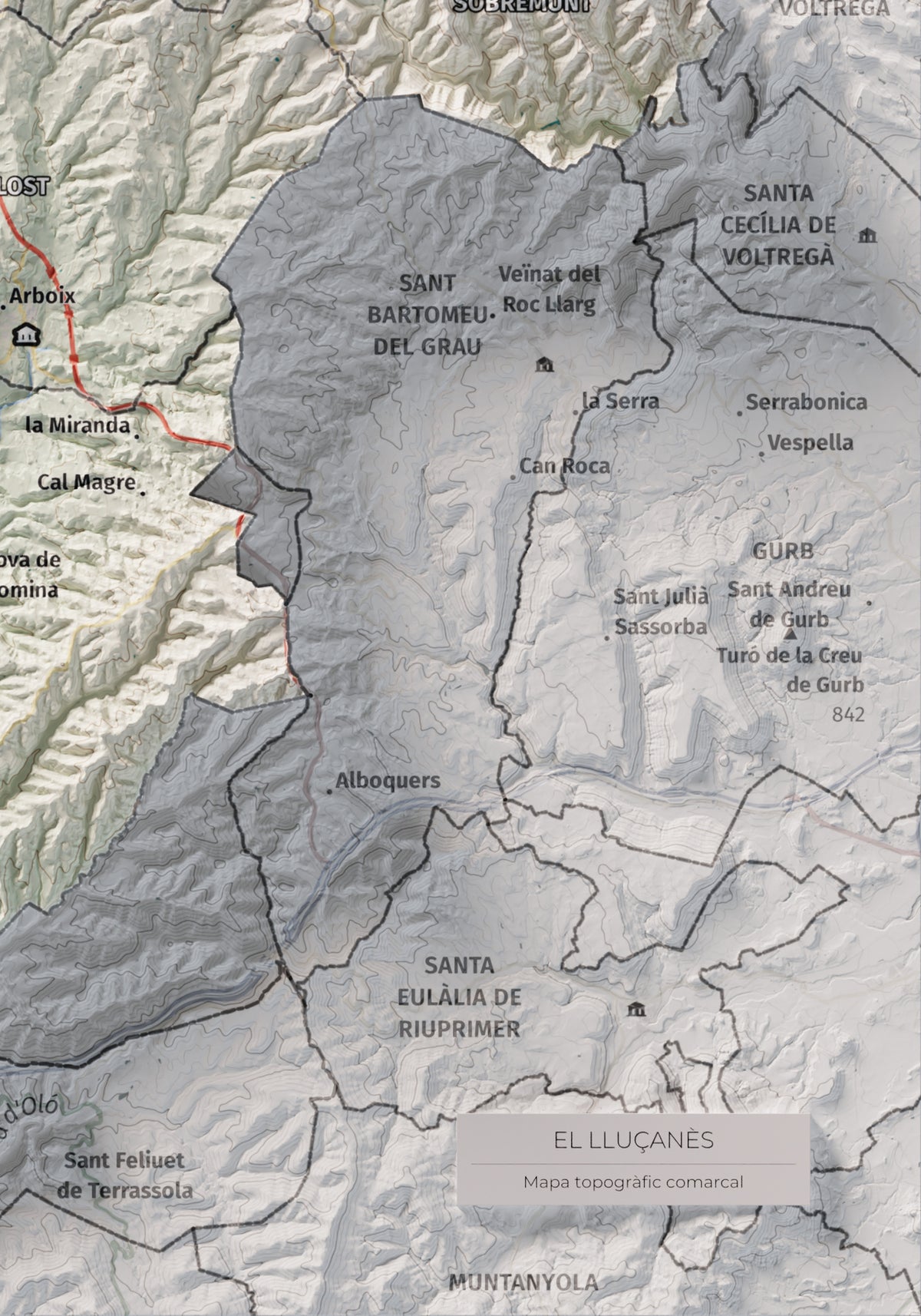 Mapa de relleu del Lluçanès, amb el territori en color i l’entorn en blanc. Detall de la part inferior dreta. 21 × 30 cm. Estil Cartogràfic.