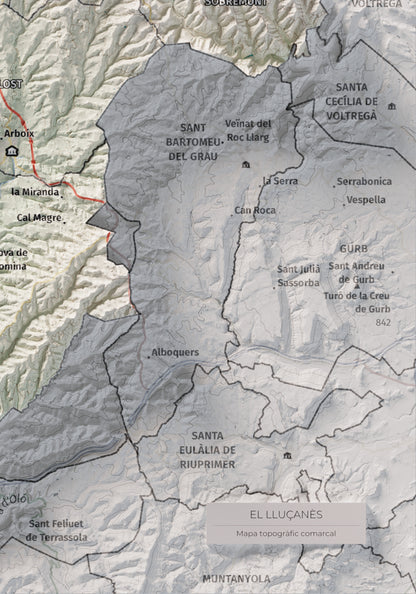 Mapa de relleu del Lluçanès, amb el territori en color i l’entorn en blanc. Detall de la part inferior dreta. 21 × 30 cm. Estil Cartogràfic.