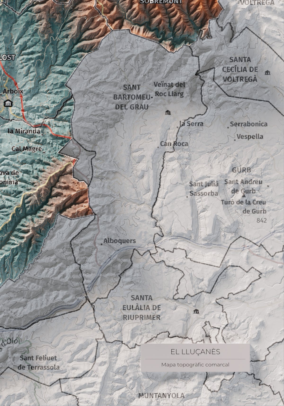 Mapa de relleu del Lluçanès, amb el territori en color i l’entorn en blanc. Detall de la part inferior dreta. 21 × 30 cm. Estil Blau i taronja.