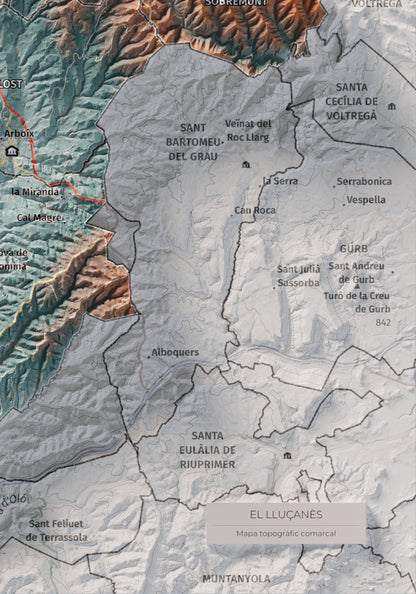 Mapa de relleu del Lluçanès, amb el territori en color i l’entorn en blanc. Detall de la part inferior dreta. 21 × 30 cm. Estil Blau i taronja.