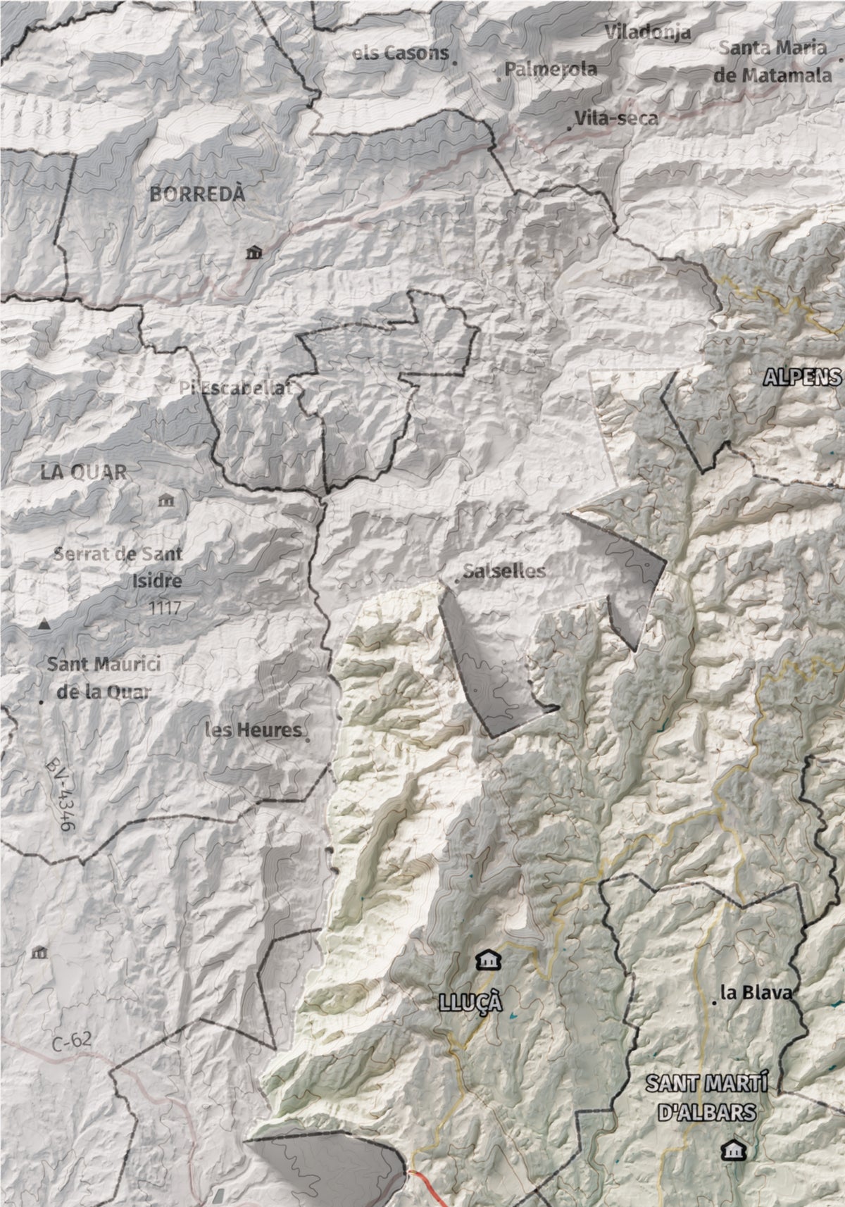Mapa de relleu del Lluçanès, amb el territori en color i l’entorn en blanc. Detall de la part superior esquerra. 21 × 30 cm. Estil Cartogràfic.