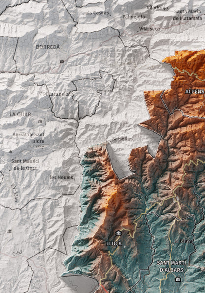 Mapa de relleu del Lluçanès, amb el territori en color i l’entorn en blanc. Detall de la part superior esquerra. 21 × 30 cm. Estil Blau i taronja.