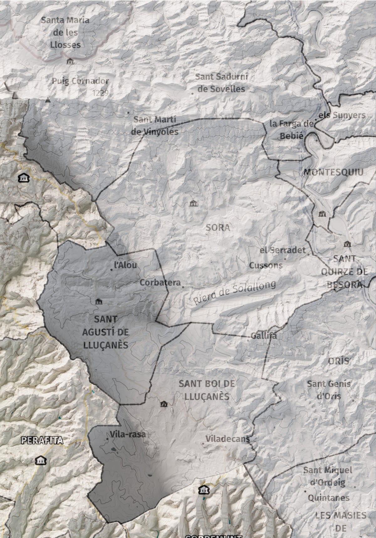 Mapa de relleu del Lluçanès, amb el territori en color i l’entorn en blanc. Detall de la part superior dreta. 21 × 30 cm. Estil Cartogràfic.