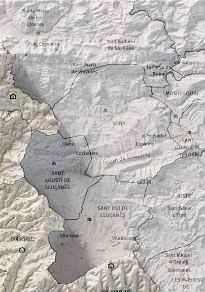 Mapa de relleu del Lluçanès, amb el territori en color i l’entorn en blanc. Detall de la part superior dreta. 21 × 30 cm. Estil Cartogràfic.