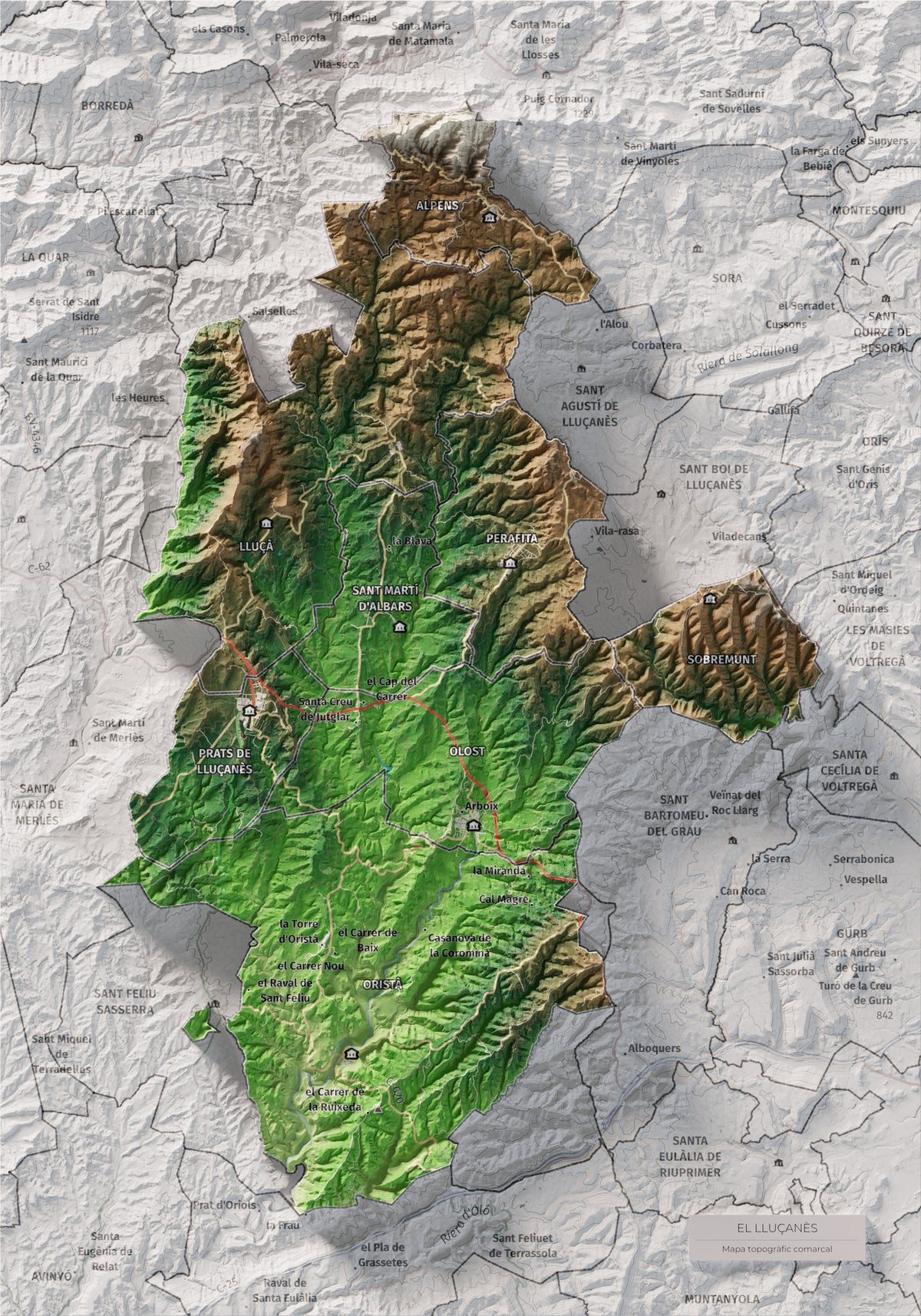 Mapa de relleu del Lluçanès, amb el territori en color i l’entorn en blanc. Vista completa de la làmina. 21 × 30 cm. Estil Clàssic.