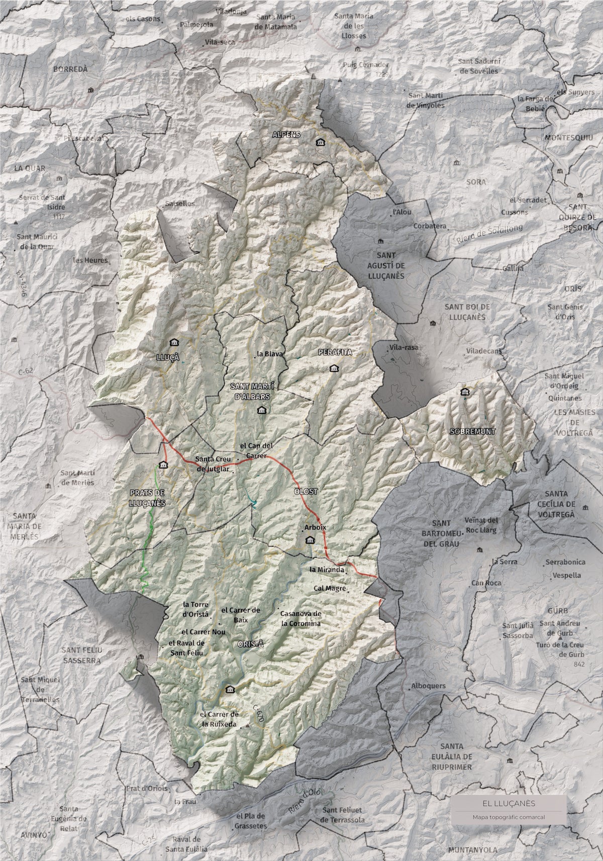 Mapa de relleu del Lluçanès, amb el territori en color i l’entorn en blanc. Vista completa de la làmina. 21 × 30 cm. Estil Cartogràfic.