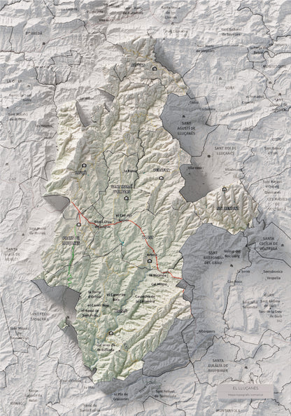 Mapa de relleu del Lluçanès, amb el territori en color i l’entorn en blanc. Vista completa de la làmina. 21 × 30 cm. Estil Cartogràfic.