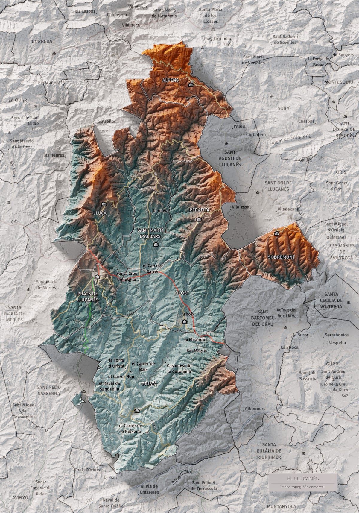 Mapa de relleu del Lluçanès, amb el territori en color i l’entorn en blanc. Vista completa de la làmina. 21 × 30 cm. Estil Blau i taronja.
