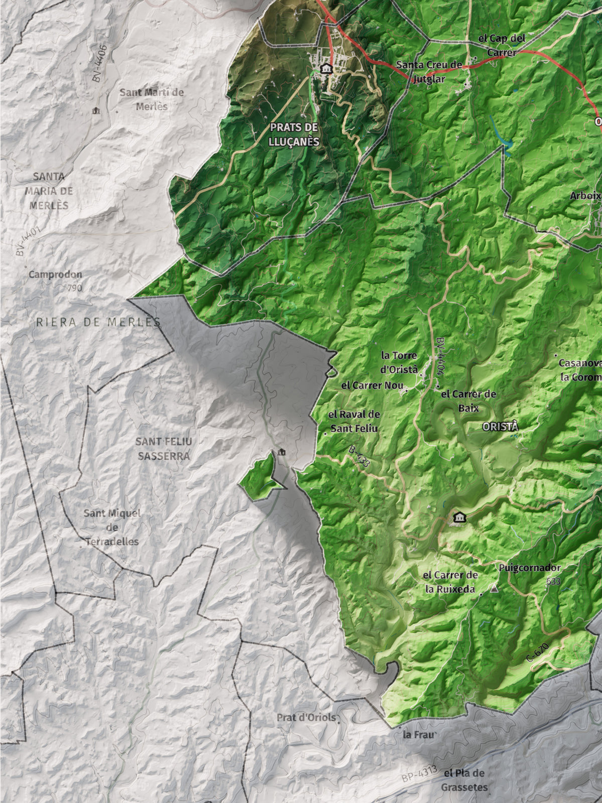 Mapa de relleu del Lluçanès, amb el territori en color i l’entorn en blanc. Detall de la part inferior esquerra. 30 × 40 cm. Estil Clàssic.