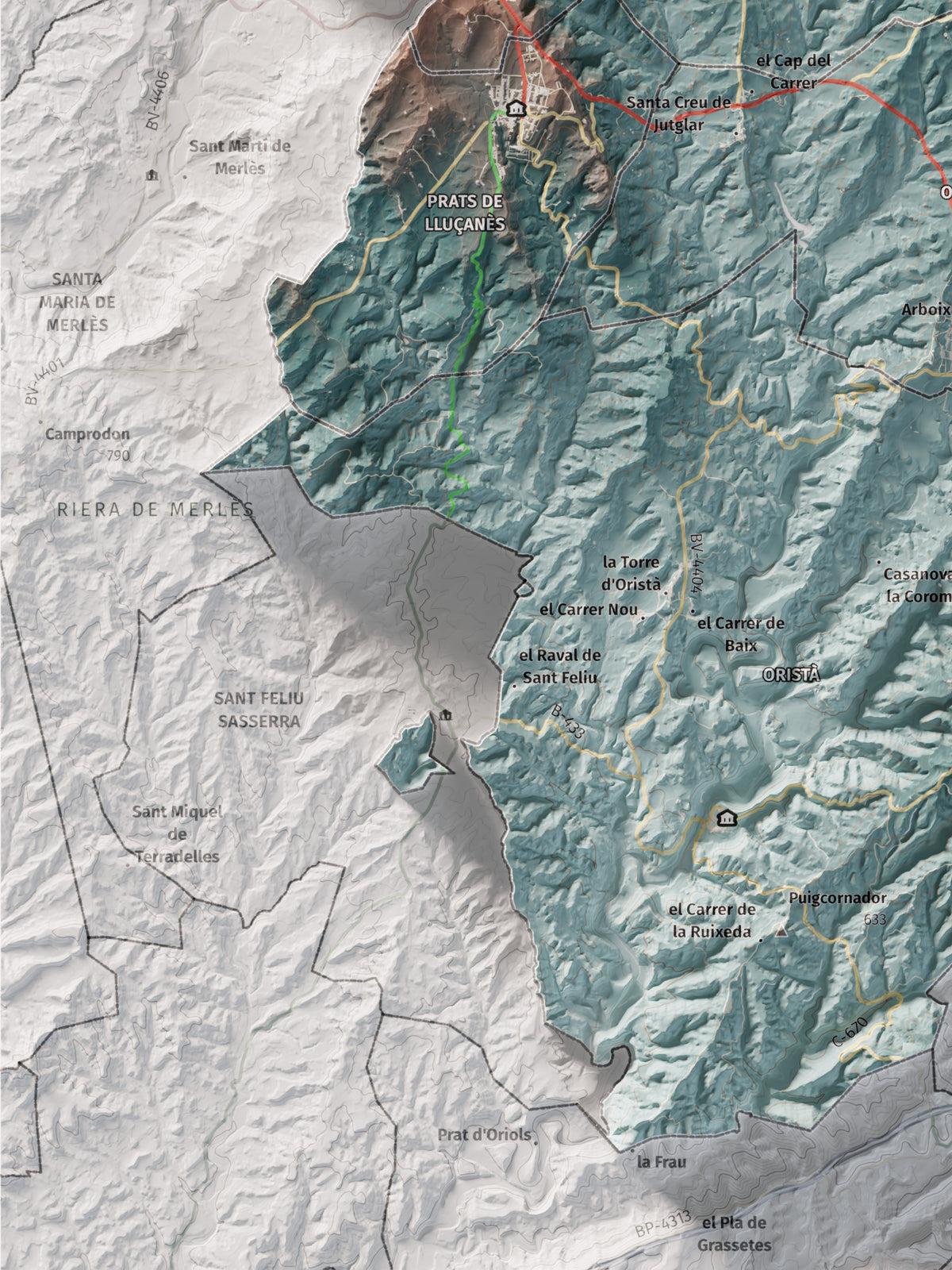 Mapa de relleu del Lluçanès, amb el territori en color i l’entorn en blanc. Detall de la part inferior esquerra. 30 × 40 cm. Estil Blau i taronja.