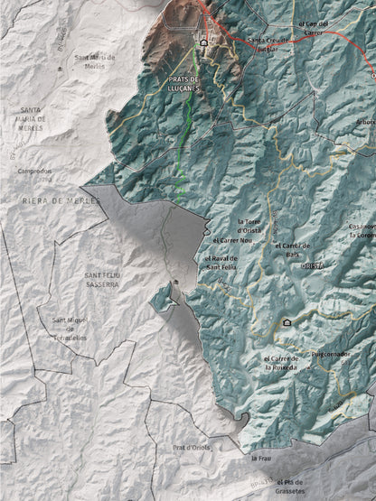 Mapa de relleu del Lluçanès, amb el territori en color i l’entorn en blanc. Detall de la part inferior esquerra. 30 × 40 cm. Estil Blau i taronja.