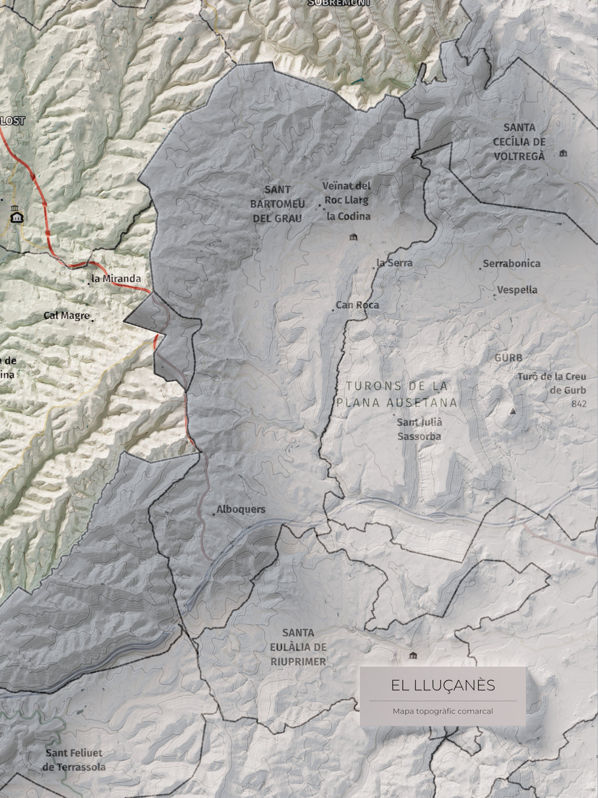 Mapa de relleu del Lluçanès, amb el territori en color i l’entorn en blanc. Detall de la part inferior dreta. 30 × 40 cm. Estil Cartogràfic.