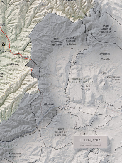 Mapa de relleu del Lluçanès, amb el territori en color i l’entorn en blanc. Detall de la part inferior dreta. 30 × 40 cm. Estil Cartogràfic.