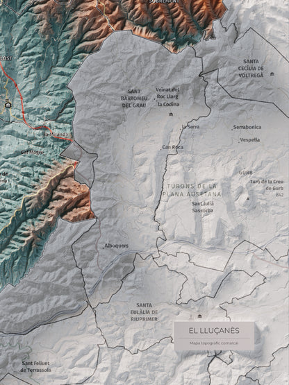 Mapa de relleu del Lluçanès, amb el territori en color i l’entorn en blanc. Detall de la part inferior dreta. 30 × 40 cm. Estil Blau i taronja.