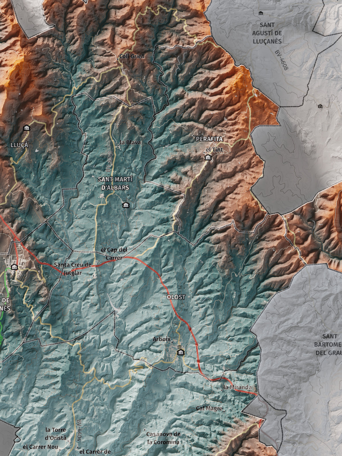 Mapa de relleu del Lluçanès, amb el territori en color i l’entorn en blanc. Detall de la part central. 30 × 40 cm. Estil Blau i taronja.