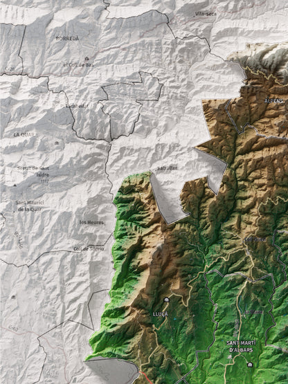 Mapa de relleu del Lluçanès, amb el territori en color i l’entorn en blanc. Detall de la part superior esquerra. 30 × 40 cm. Estil Clàssic.