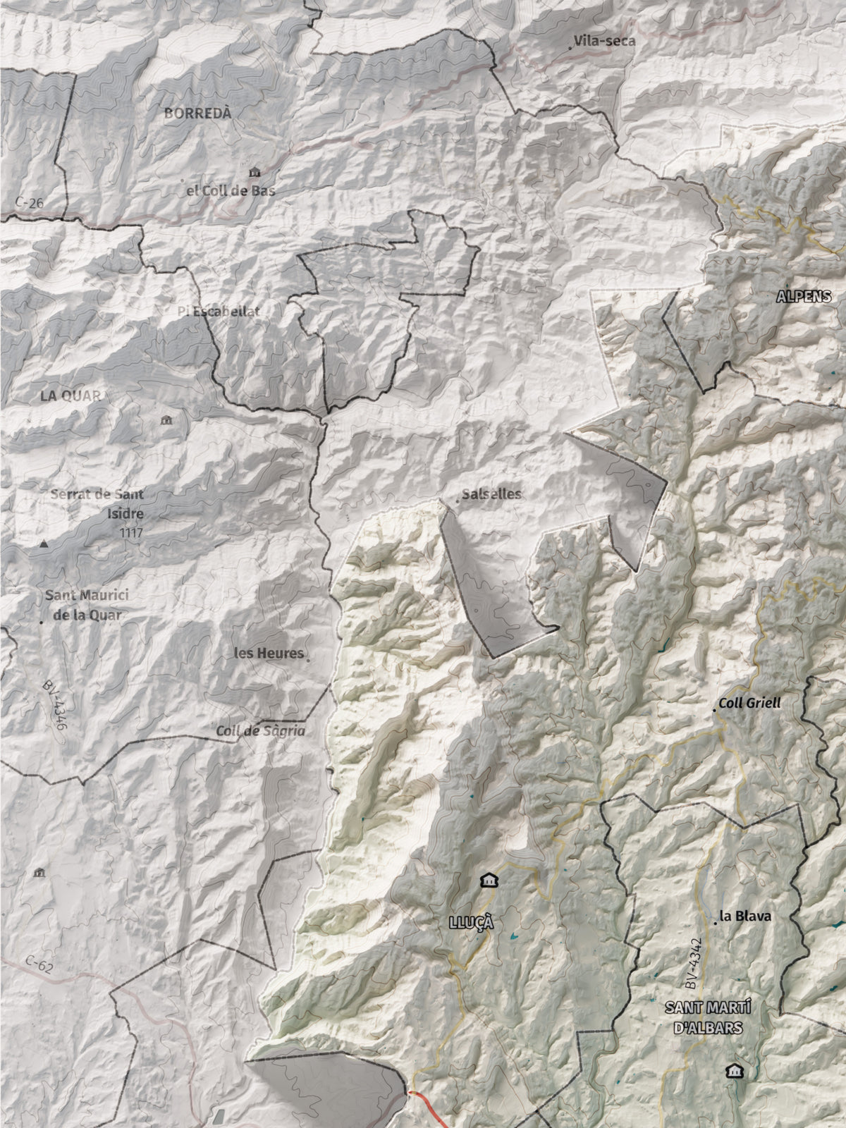 Mapa de relleu del Lluçanès, amb el territori en color i l’entorn en blanc. Detall de la part superior esquerra. 30 × 40 cm. Estil Cartogràfic.