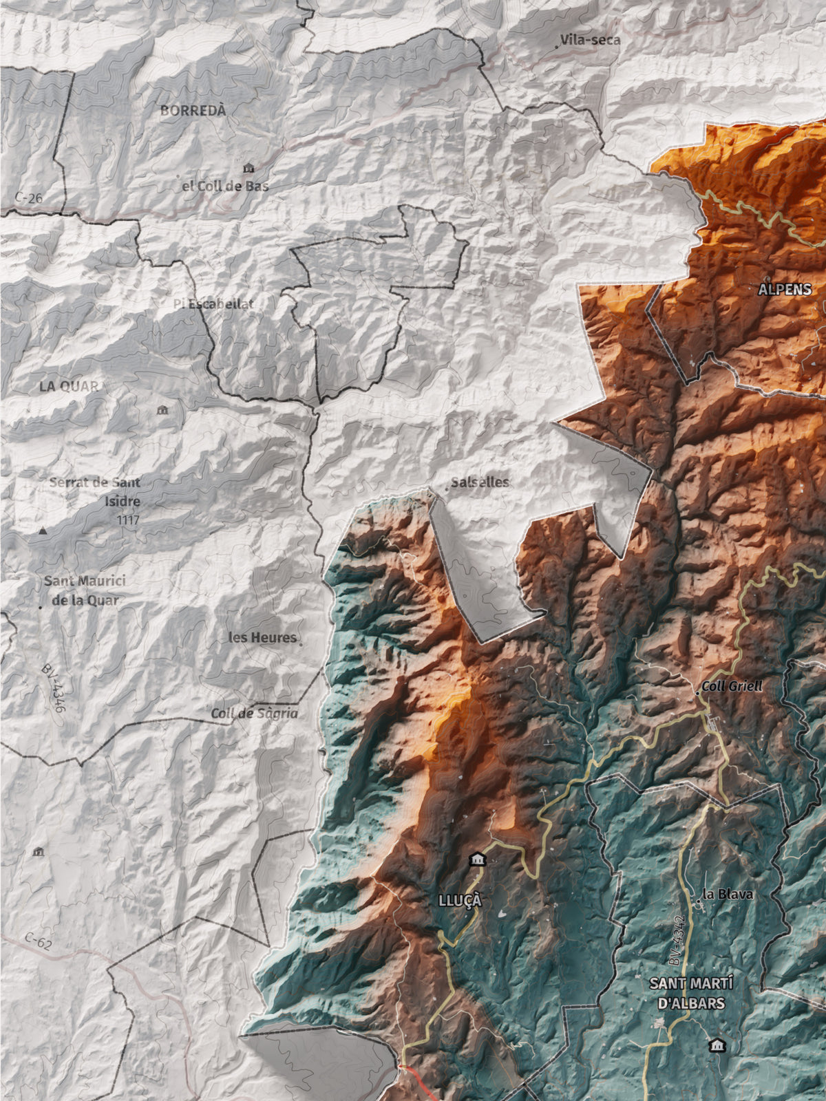 Mapa de relleu del Lluçanès, amb el territori en color i l’entorn en blanc. Detall de la part superior esquerra. 30 × 40 cm. Estil Blau i taronja.