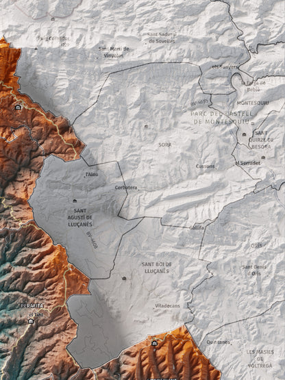 Mapa de relleu del Lluçanès, amb el territori en color i l’entorn en blanc. Detall de la part superior dreta. 30 × 40 cm. Estil Blau i taronja.