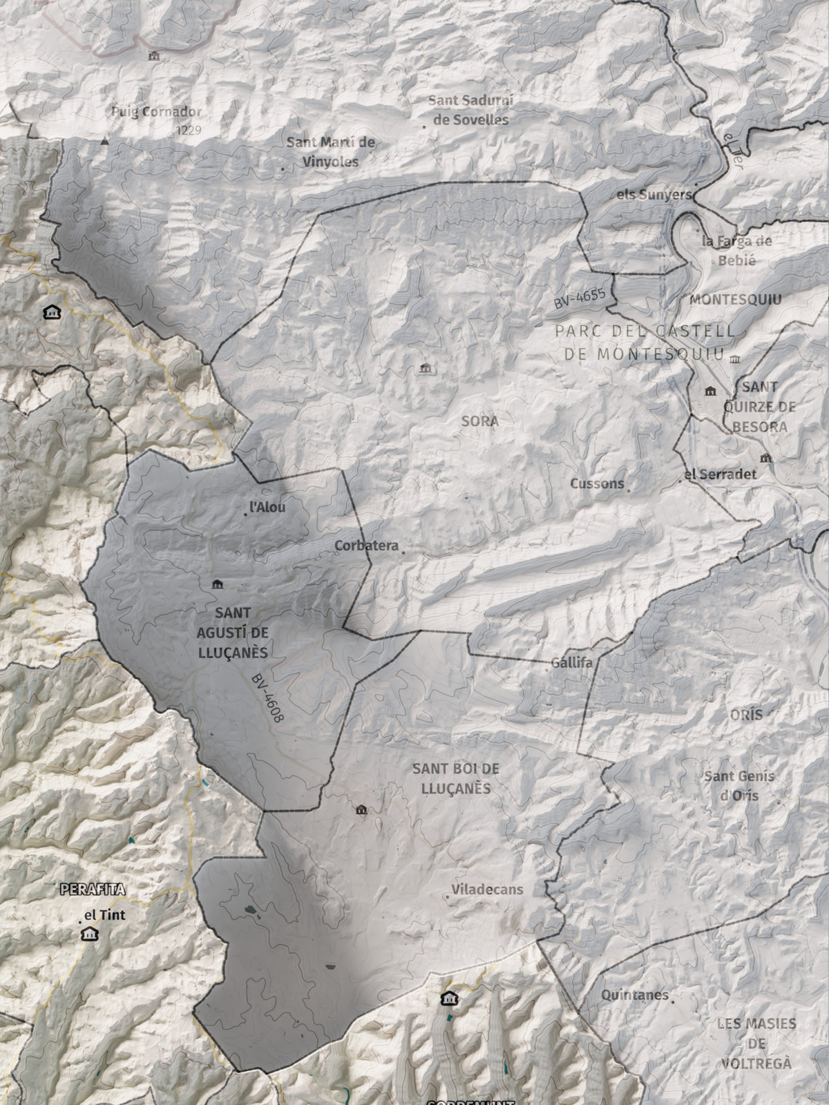 Mapa de relleu del Lluçanès, amb el territori en color i l’entorn en blanc. Detall de la part superior dreta. 30 × 40 cm. Estil Cartogràfic.