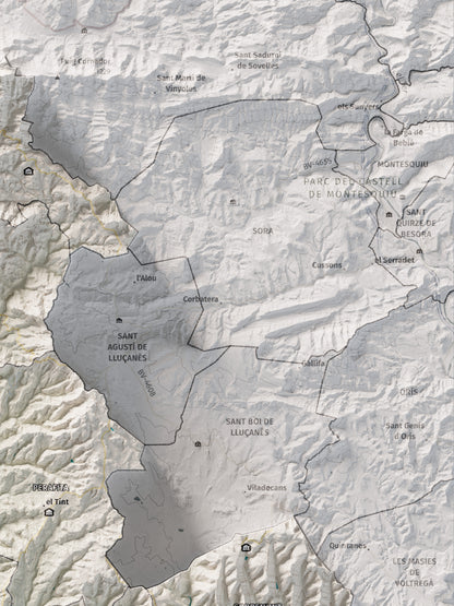 Mapa de relleu del Lluçanès, amb el territori en color i l’entorn en blanc. Detall de la part superior dreta. 30 × 40 cm. Estil Cartogràfic.