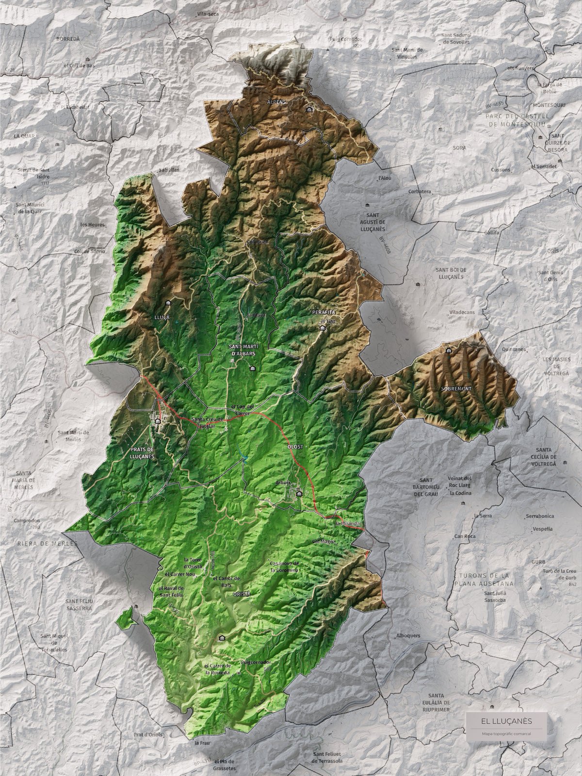 Mapa de relleu del Lluçanès, amb el territori en color i l’entorn en blanc. Vista completa de la làmina. 30 × 40 cm. Estil Clàssic.