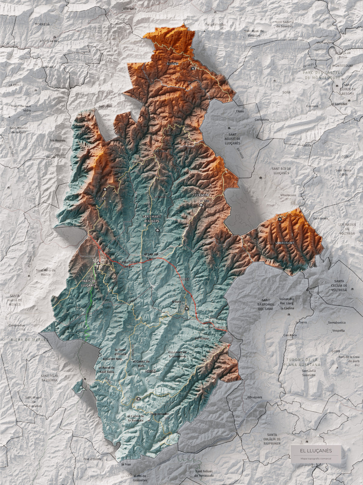 Mapa de relleu del Lluçanès, amb el territori en color i l’entorn en blanc. Vista completa de la làmina. 30 × 40 cm. Estil Blau i taronja.