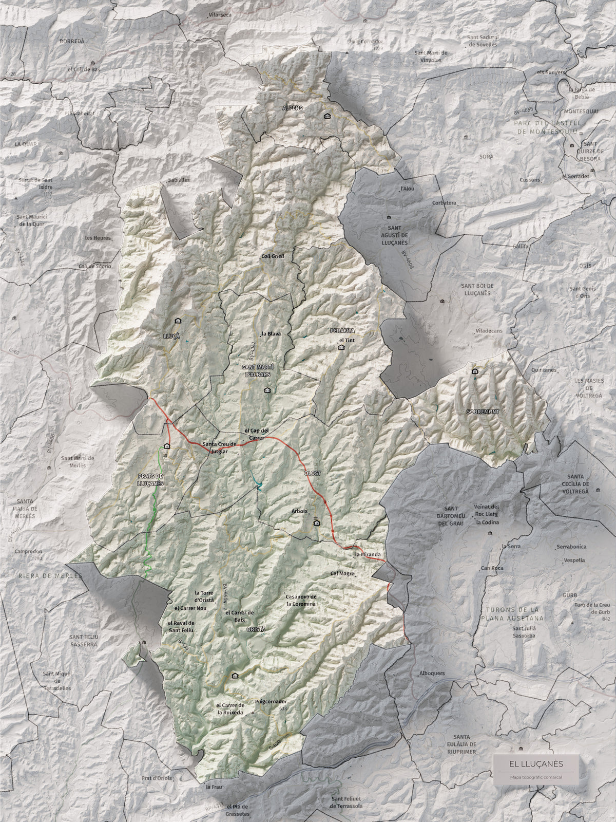 Mapa de relleu del Lluçanès, amb el territori en color i l’entorn en blanc. Vista completa de la làmina. 30 × 40 cm. Estil Cartogràfic.