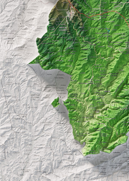 Mapa de relleu del Lluçanès, amb el territori en color i l’entorn en blanc. Detall de la part inferior esquerra. 50 × 70 cm. Estil Clàssic.