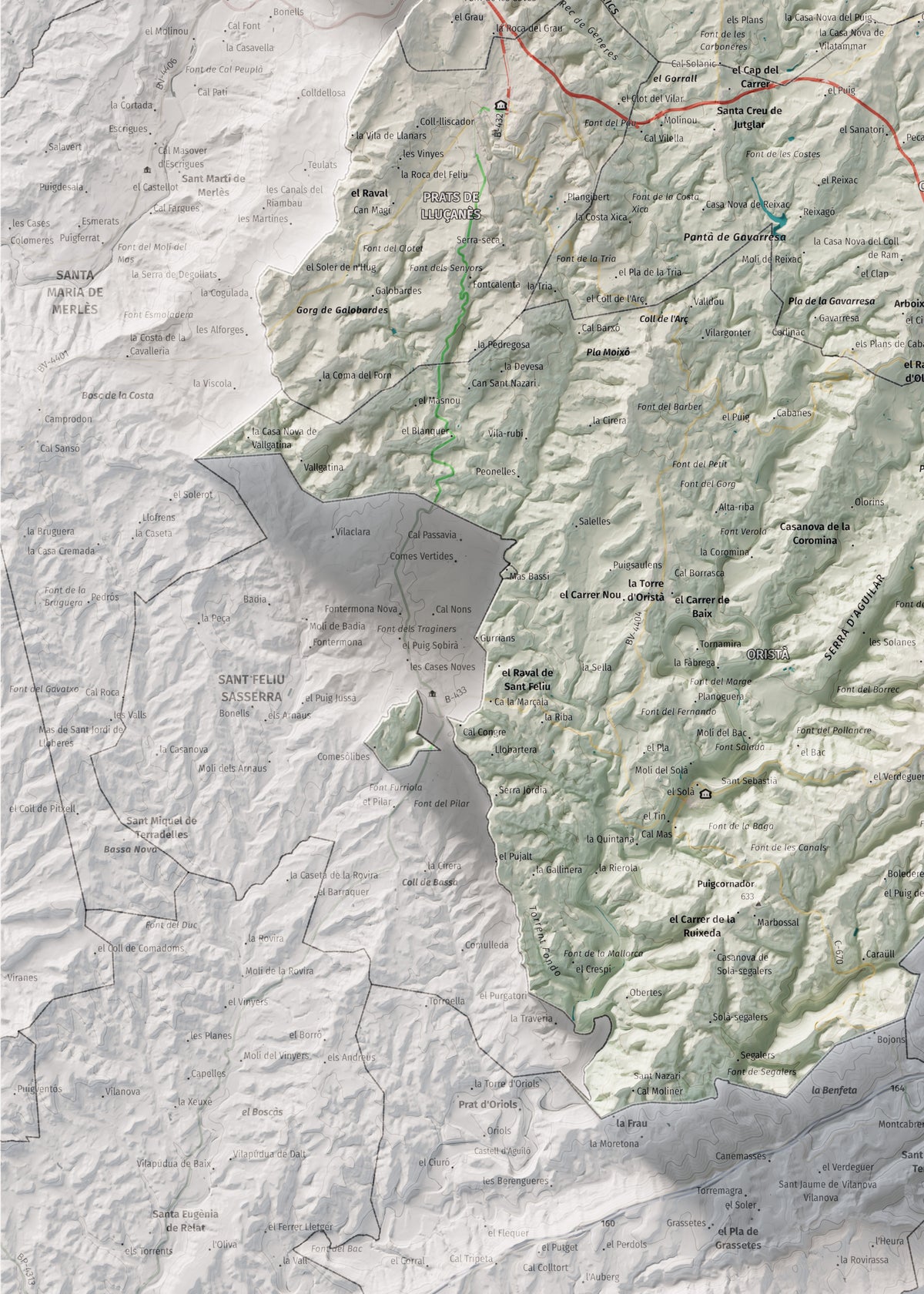 Mapa de relleu del Lluçanès, amb el territori en color i l’entorn en blanc. Detall de la part inferior esquerra. 50 × 70 cm. Estil Cartogràfic.