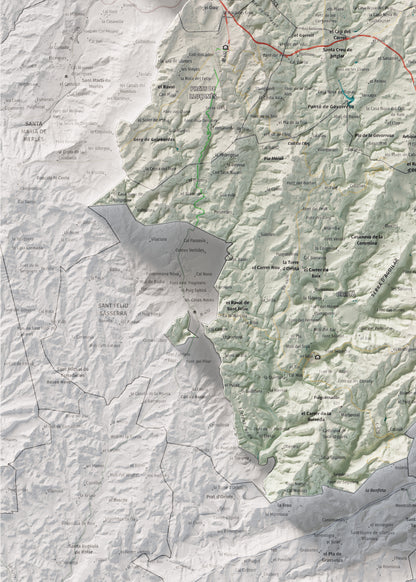 Mapa de relleu del Lluçanès, amb el territori en color i l’entorn en blanc. Detall de la part inferior esquerra. 50 × 70 cm. Estil Cartogràfic.