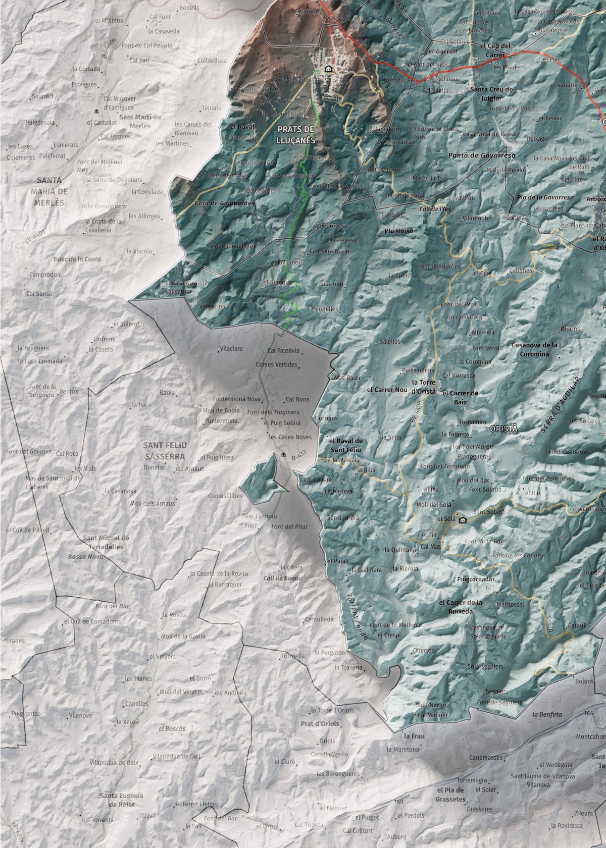 Mapa de relleu del Lluçanès, amb el territori en color i l’entorn en blanc. Detall de la part inferior esquerra. 50 × 70 cm. Estil Blau i taronja.