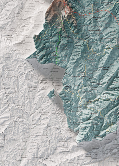 Mapa de relleu del Lluçanès, amb el territori en color i l’entorn en blanc. Detall de la part inferior esquerra. 50 × 70 cm. Estil Blau i taronja.