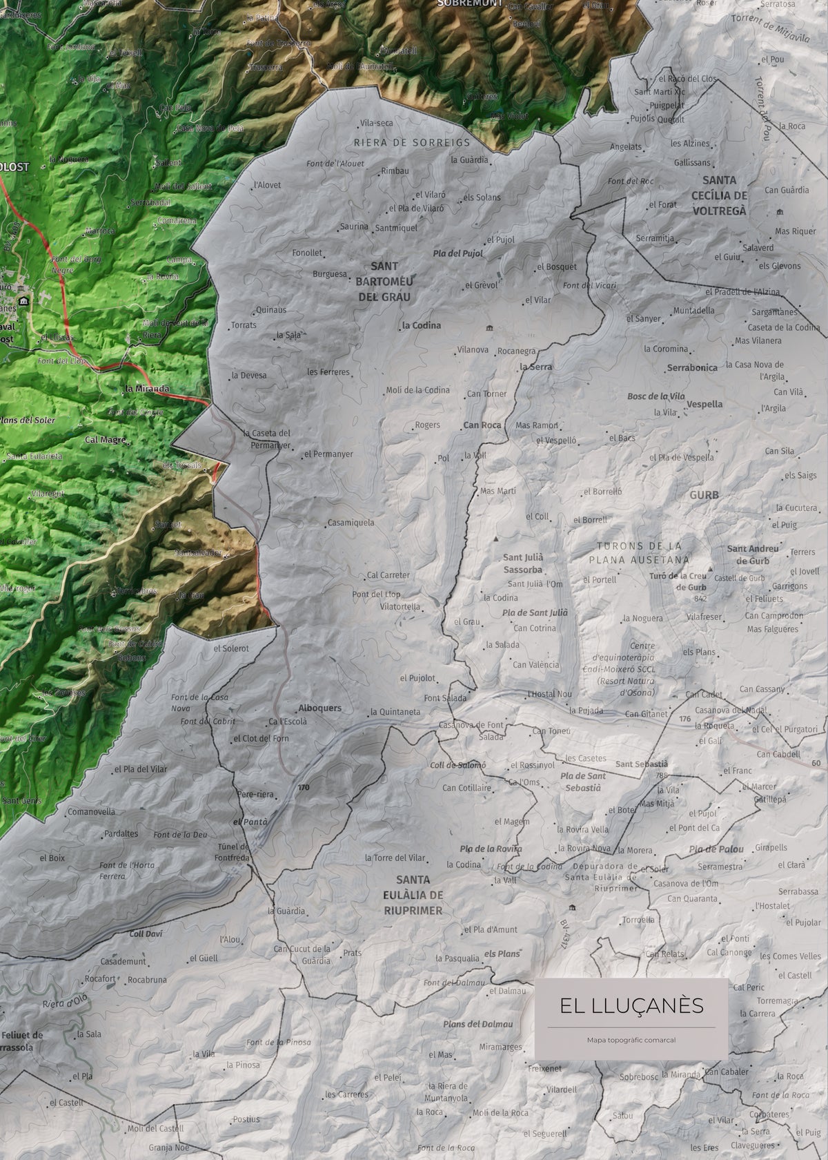 Mapa de relleu del Lluçanès, amb el territori en color i l’entorn en blanc. Detall de la part inferior dreta. 50 × 70 cm. Estil Clàssic.