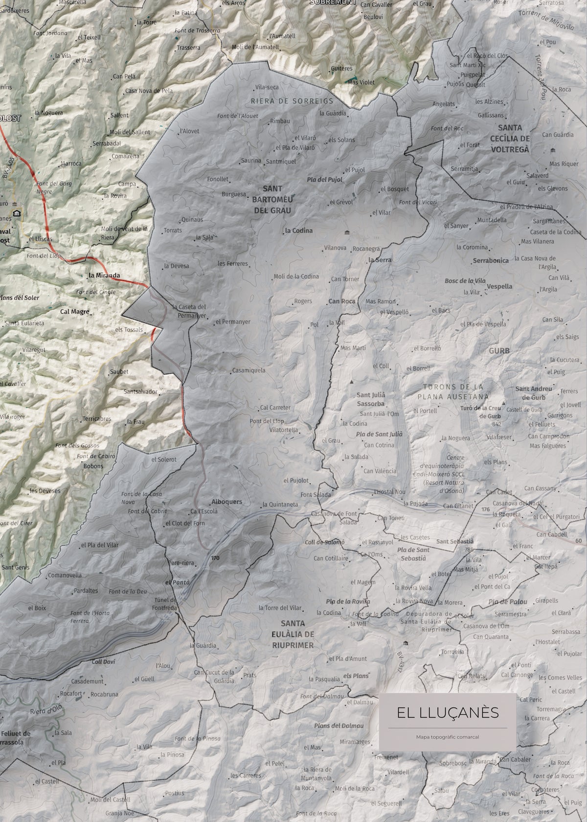 Mapa de relleu del Lluçanès, amb el territori en color i l’entorn en blanc. Detall de la part inferior dreta. 50 × 70 cm. Estil Cartogràfic.