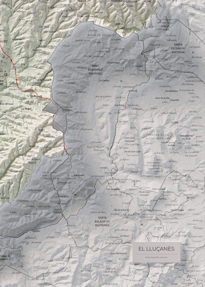 Mapa de relleu del Lluçanès, amb el territori en color i l’entorn en blanc. Detall de la part inferior dreta. 50 × 70 cm. Estil Cartogràfic.