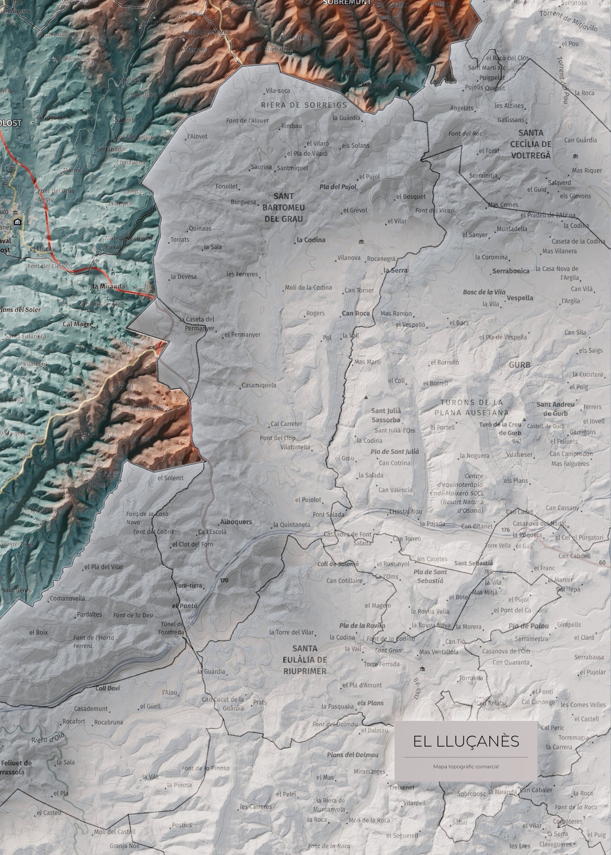 Mapa de relleu del Lluçanès, amb el territori en color i l’entorn en blanc. Detall de la part inferior dreta. 50 × 70 cm. Estil Blau i taronja.