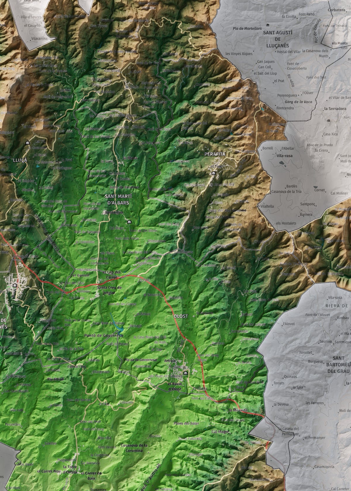 Mapa de relleu del Lluçanès, amb el territori en color i l’entorn en blanc. Detall de la part central. 50 × 70 cm. Estil Clàssic.