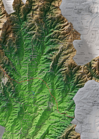 Mapa de relleu del Lluçanès, amb el territori en color i l’entorn en blanc. Detall de la part central. 50 × 70 cm. Estil Clàssic.