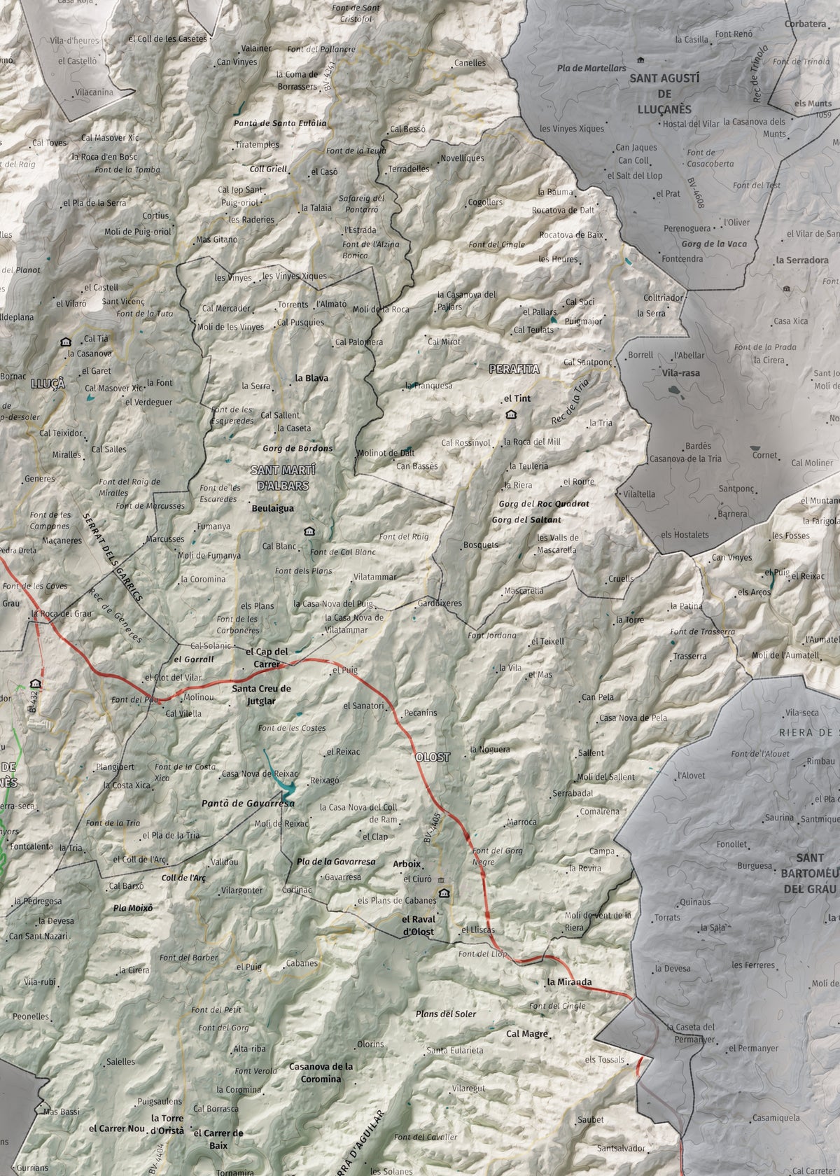 Mapa de relleu del Lluçanès, amb el territori en color i l’entorn en blanc. Detall de la part central. 50 × 70 cm. Estil Cartogràfic.